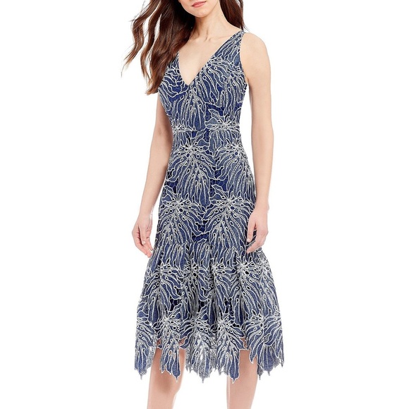 Antonio Melani Elegance Lace Blue White Midi Dress Size 6 - Picture 1 of 9